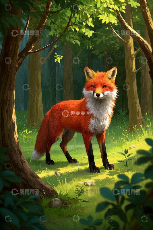 森林中的站立红狐狸