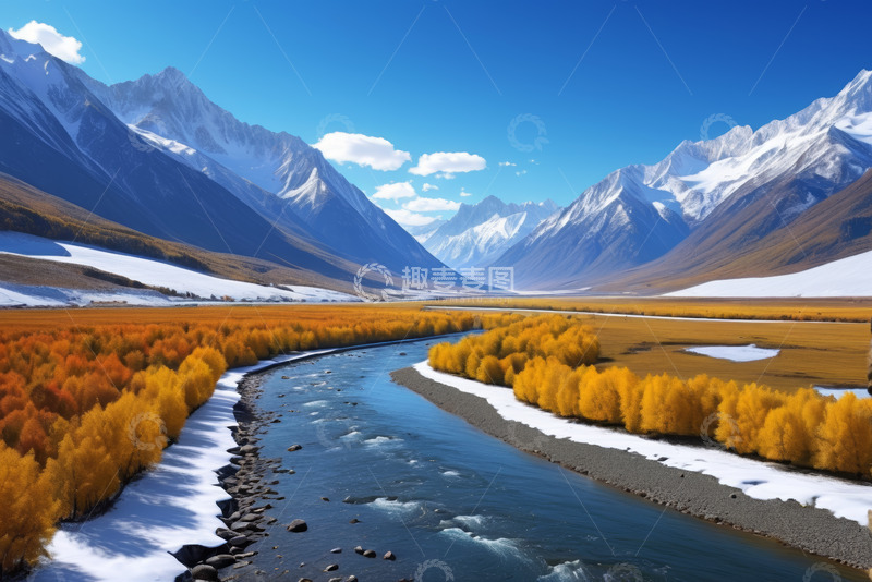 高清大图下载【趣麦麦图】雪山下河流与金黄树林风景