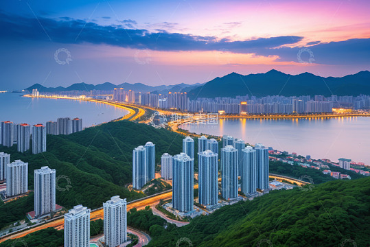 城市海岸线黄昏全景