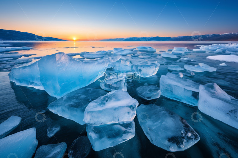 高清大图下载【趣麦麦图】冰面浮冰与日出景象