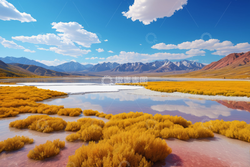 高清大图下载【趣麦麦图】户外山水间金黄植被湖泊景观