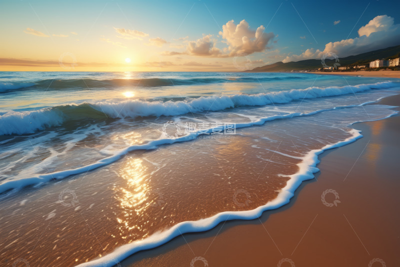 高清大图下载【趣麦麦图】海滩夕阳海浪自然风光