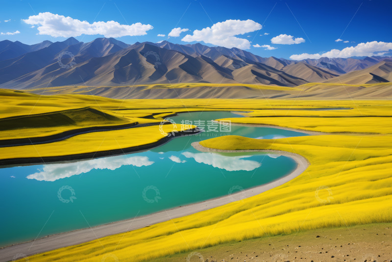 高清大图下载【趣麦麦图】山间黄绿相间的河流风景