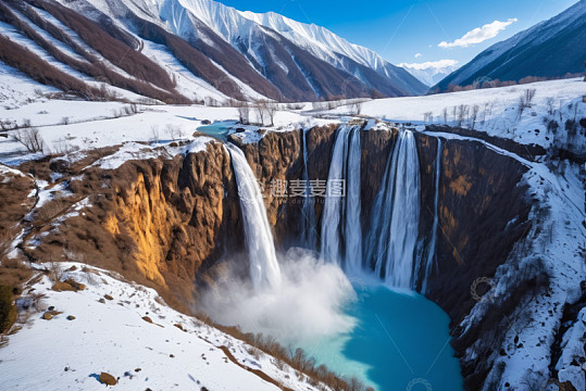 雪山下的壮观瀑布景观