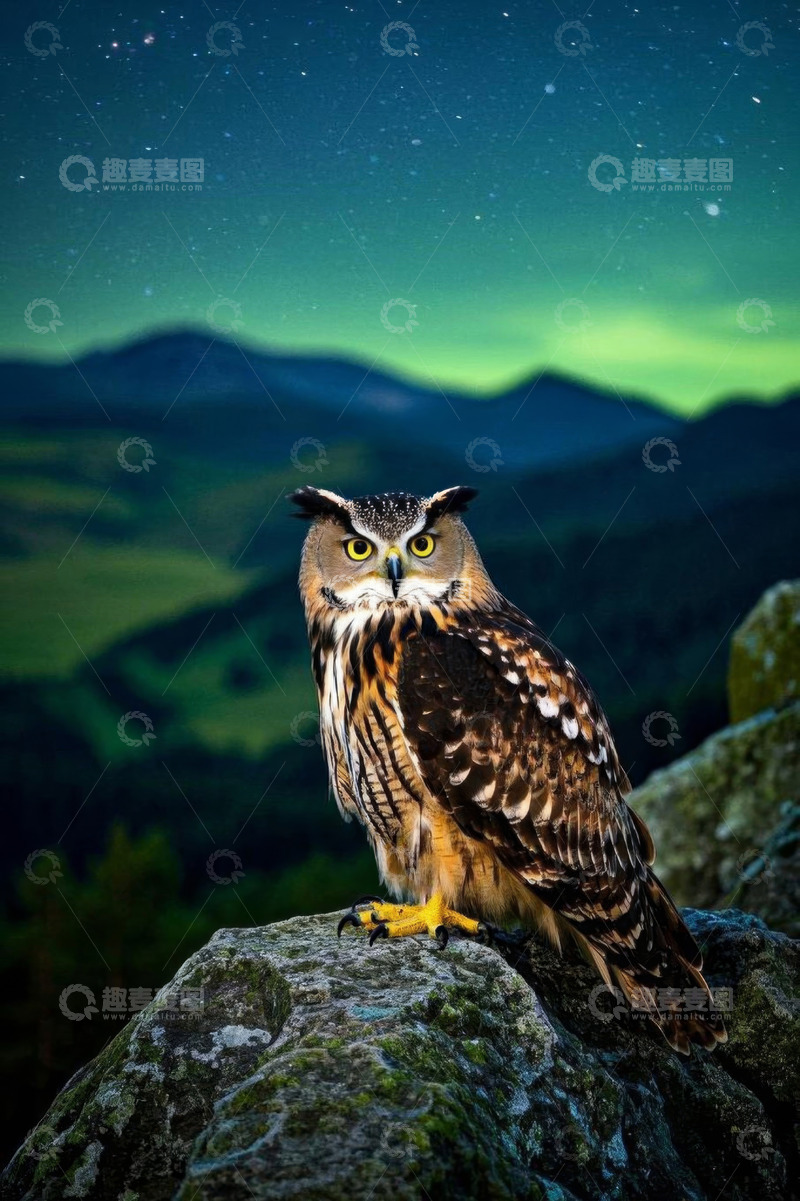 高清大图下载【趣麦麦图】岩石上的猫头鹰与星空山景