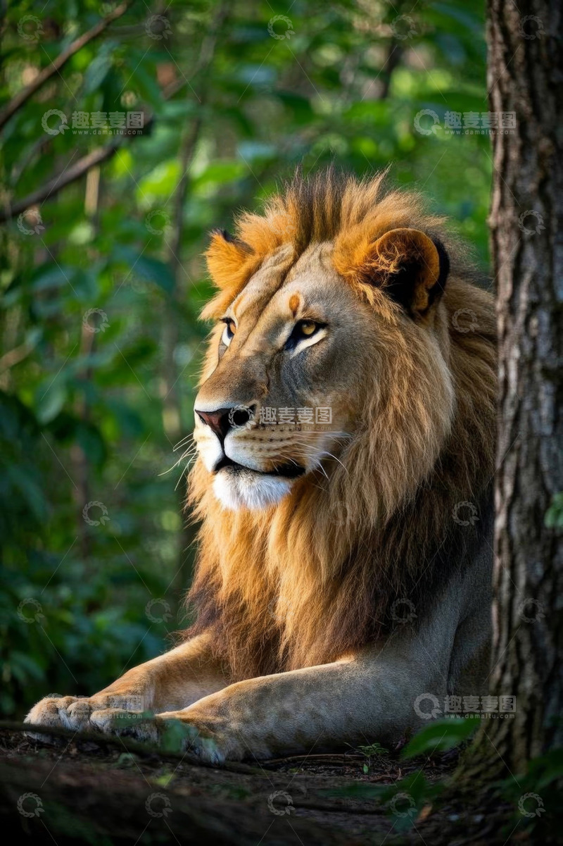 高清大图下载【趣麦麦图】森林中休憩的雄狮