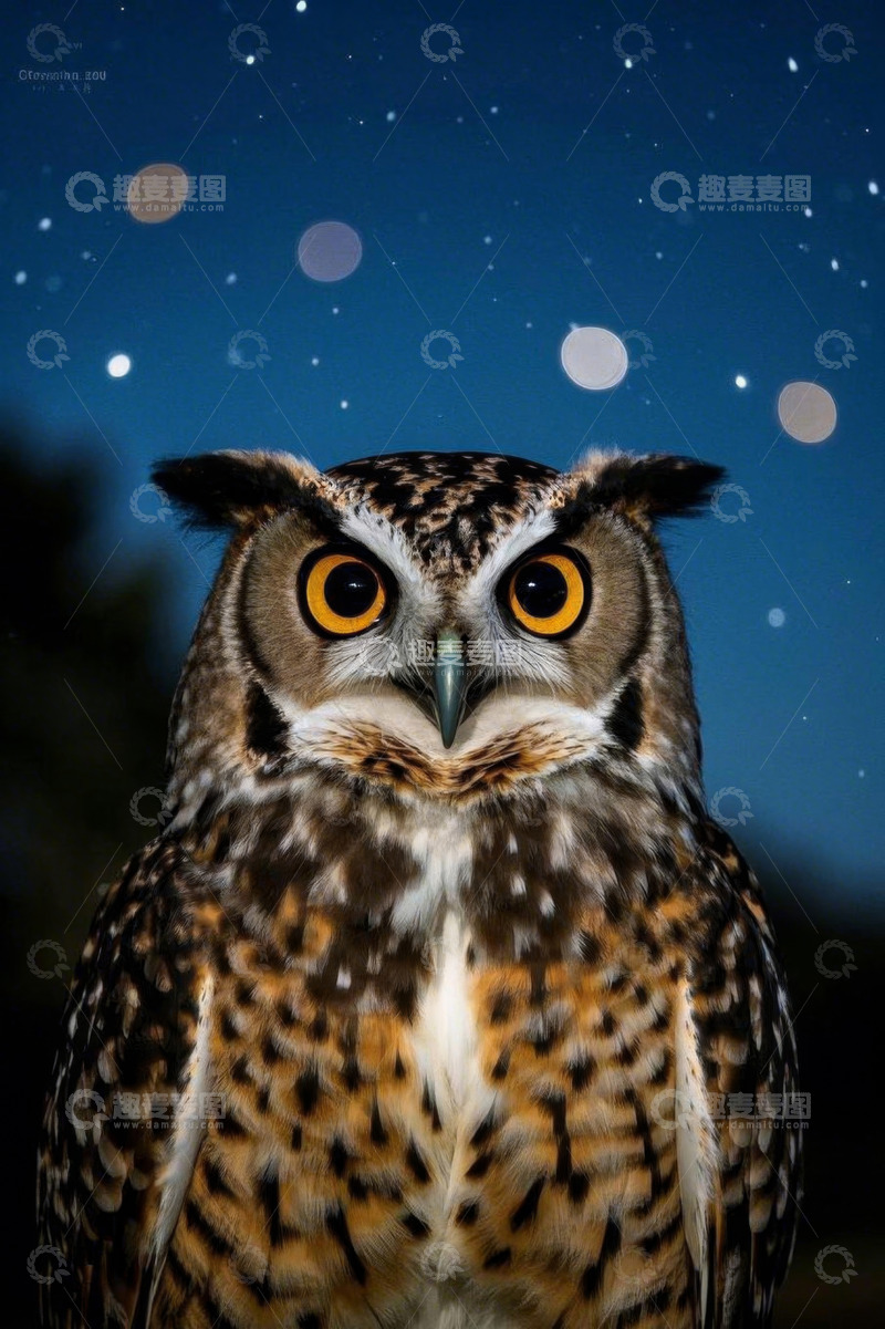 高清大图下载【趣麦麦图】特写猫头鹰夜晚凝视画面