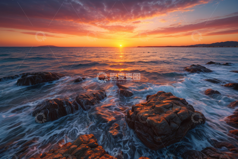 高清大图下载【趣麦麦图】海边日出时海浪拍打礁石景象