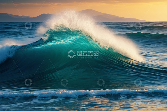 海面夕阳下的翻涌波浪