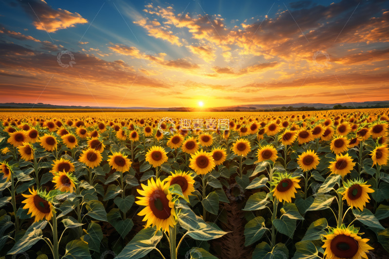 高清大图下载【趣麦麦图】夕阳下的向日葵田风光