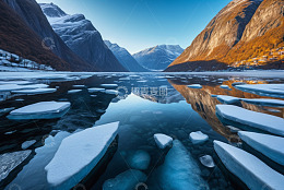 挪威峡湾冬季湖景