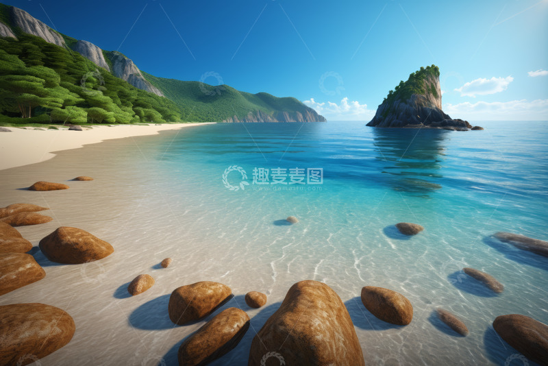 高清大图下载【趣麦麦图】海边沙滩与近海礁石风景