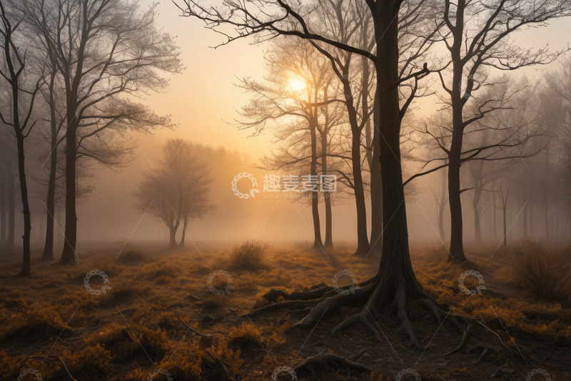 高清大图下载【趣麦麦图】晨雾中阳光照耀的森林景象