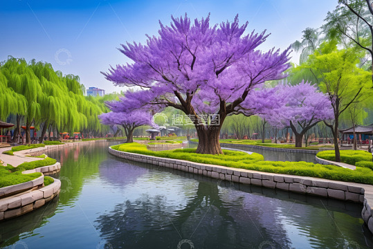 公园紫色树木与水景风光