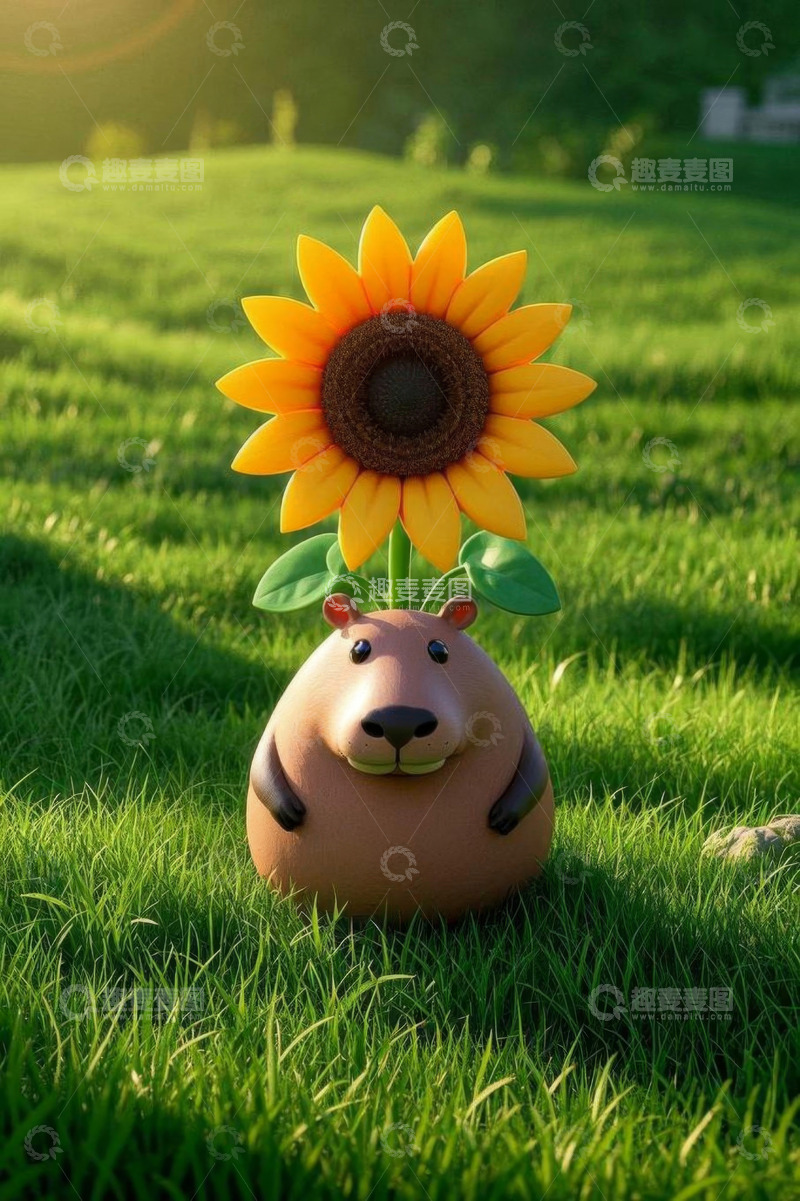 高清大图下载【趣麦麦图】草地上的卡通海狸向日葵摆件