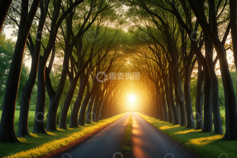 高清大图下载【趣麦麦图】林间道路夕阳自然风光