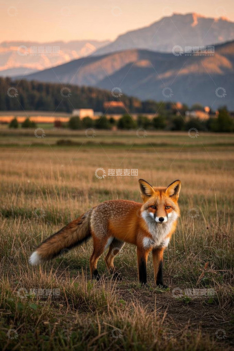 高清大图下载【趣麦麦图】田野中的狐狸与远山景观