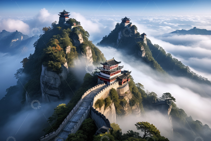 高清大图下载【趣麦麦图】老君山云海中的古建筑景观