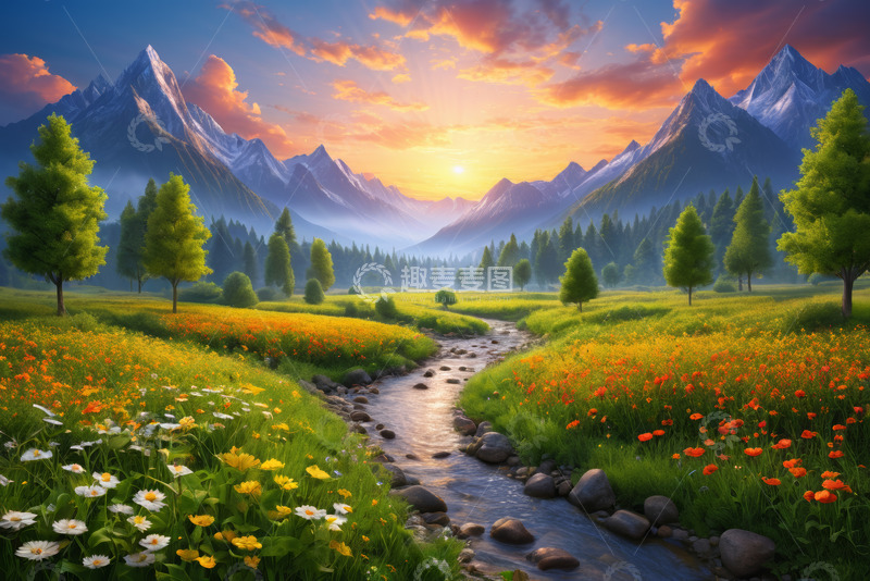 高清大图下载【趣麦麦图】山间花海小溪日出自然风光