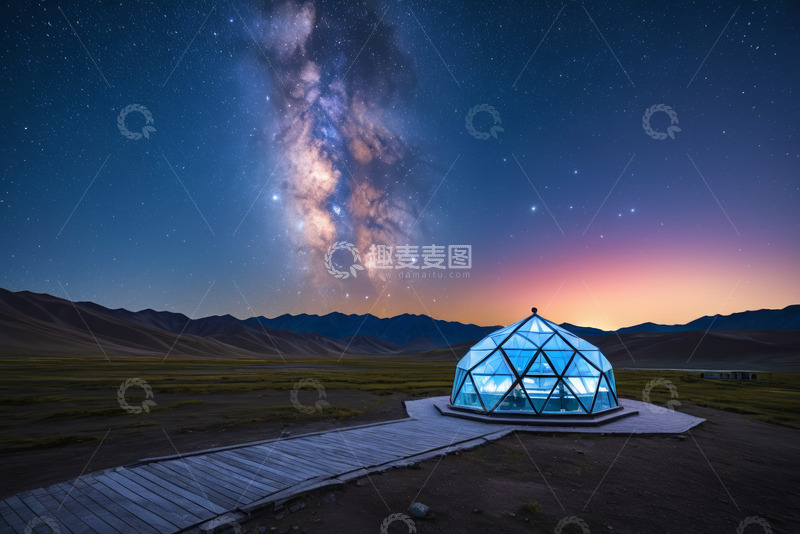 高清大图下载【趣麦麦图】草原星空下的透明穹顶建筑