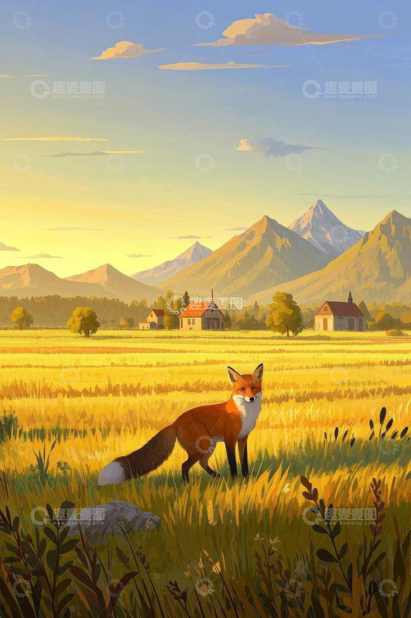高清大图下载【趣麦麦图】田野中的狐狸与远山风景