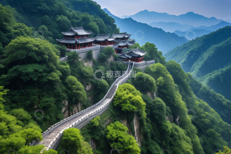 高清大图下载【趣麦麦图】山间古建筑及蜿蜒步道风景