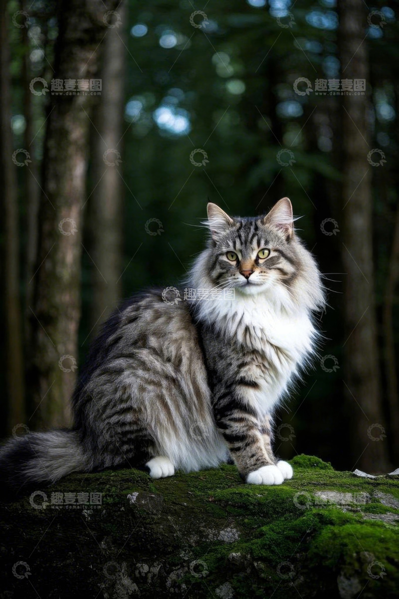 高清大图下载【趣麦麦图】森林中坐立的长毛虎斑猫