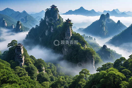 群山云海间的古建筑景观