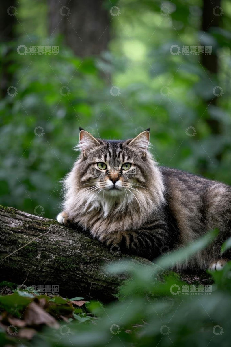 高清大图下载【趣麦麦图】森林中趴在树干上的长毛猫
