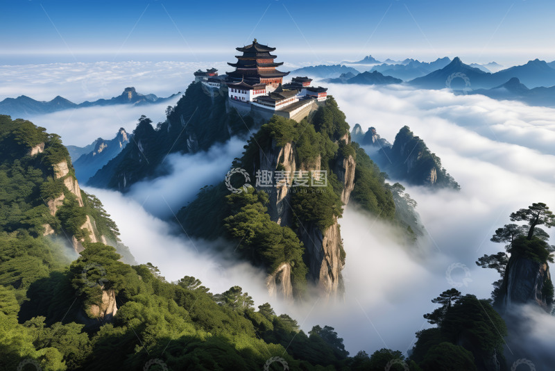 高清大图下载【趣麦麦图】老君山云海中的古建筑景观