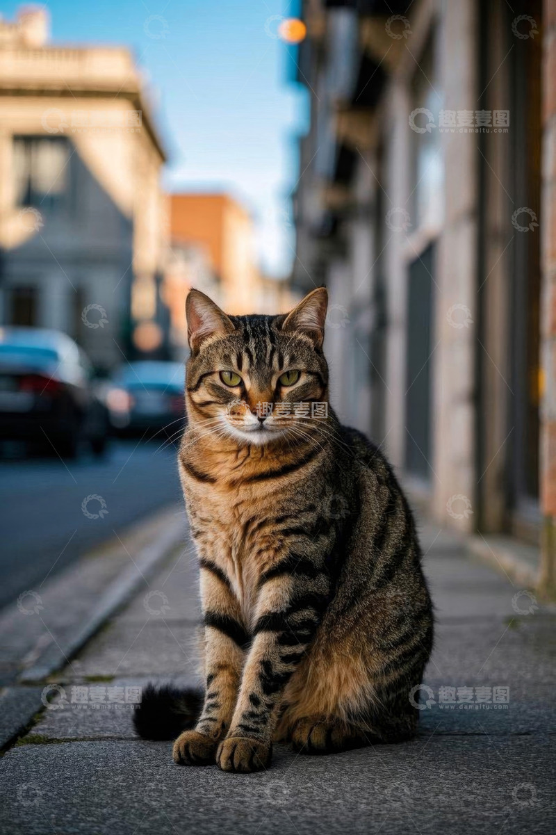 高清大图下载【趣麦麦图】街道上坐着的虎斑猫