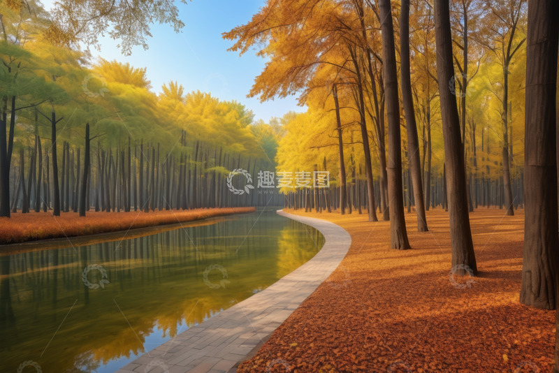 高清大图下载【趣麦麦图】秋日森林河边风景