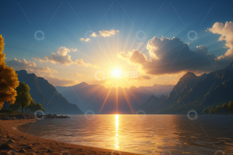 高清大图下载【趣麦麦图】湖畔日出山水风光