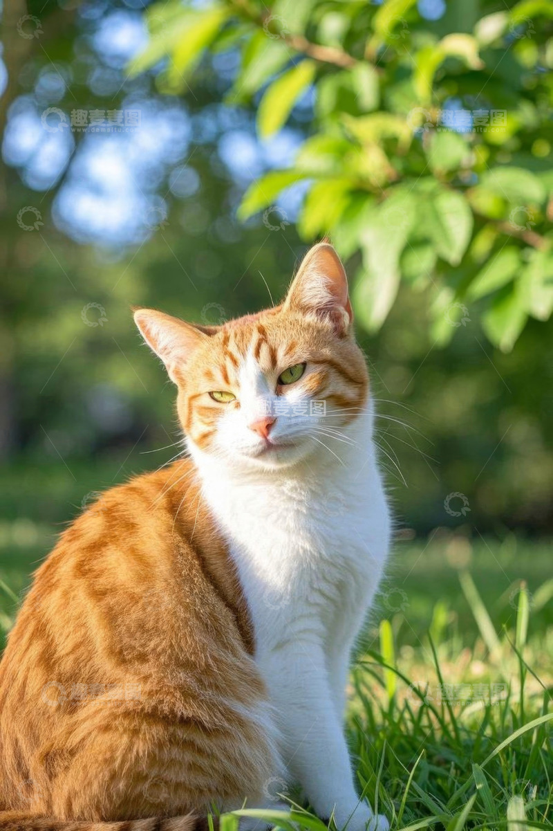 高清大图下载【趣麦麦图】户外草地上的橙白相间猫咪