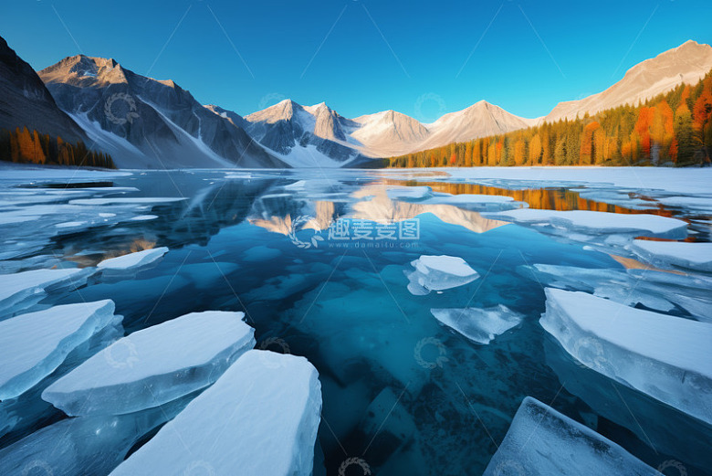 山间结冰湖面与远处雪山景观
