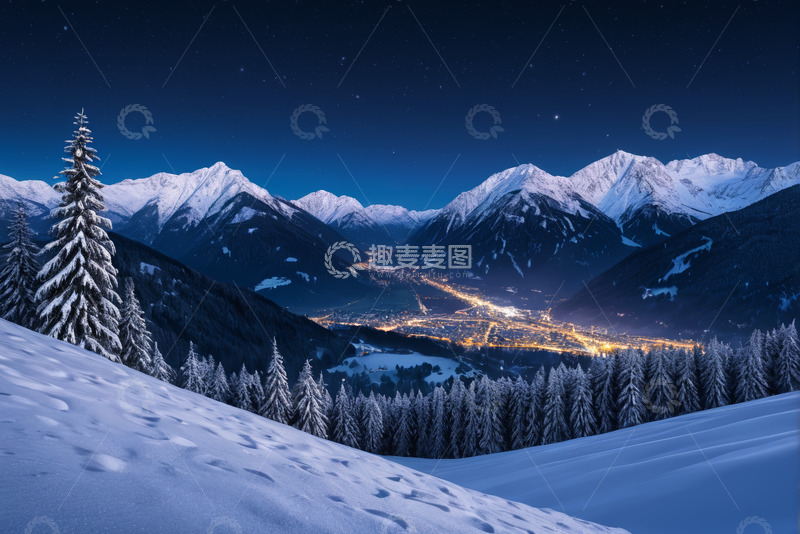 高清大图下载【趣麦麦图】雪山下雪地森林夜景风光