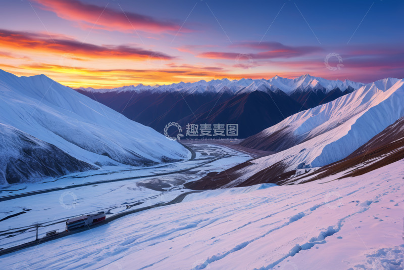 高清大图下载【趣麦麦图】雪山公路日出美景