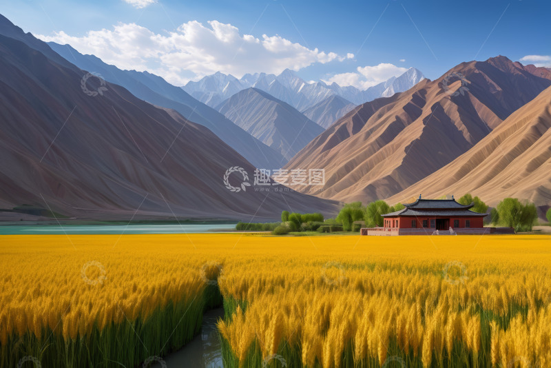 高清大图下载【趣麦麦图】金黄麦田旁的山间中式建筑