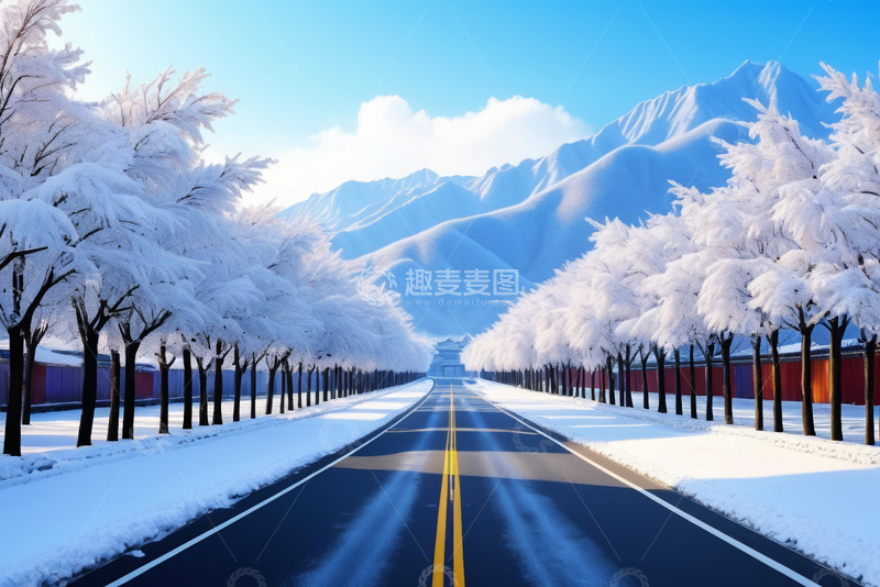 高清大图下载【趣麦麦图】冬日雪覆道路与树木风景