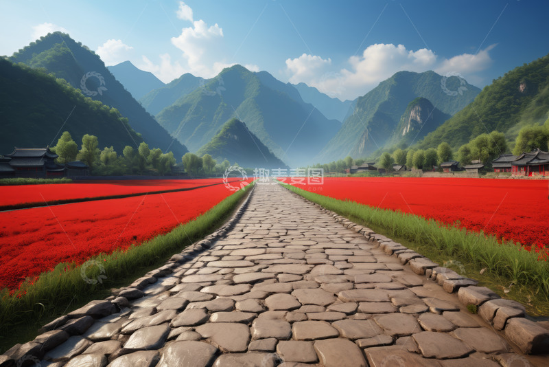 高清大图下载【趣麦麦图】山间红花田中的石板路风景