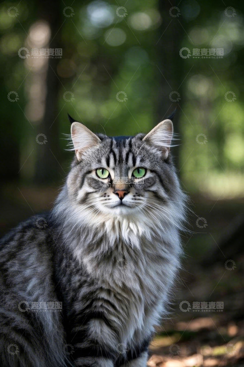 高清大图下载【趣麦麦图】森林中毛色灰黑的长毛猫