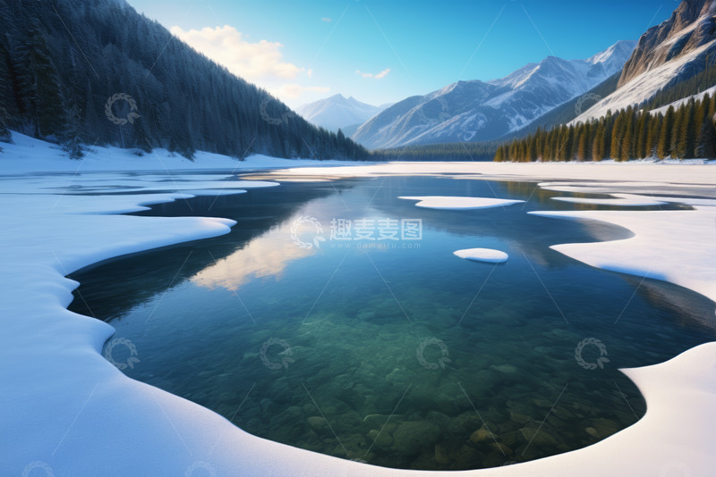 高清大图下载【趣麦麦图】雪山下冰雪覆盖的宁静湖泊
