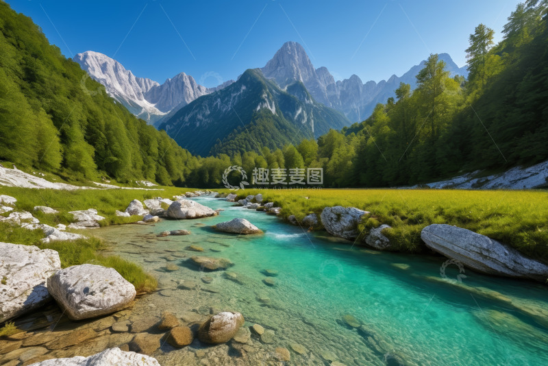 高清大图下载【趣麦麦图】山谷间清澈河流与葱郁山林