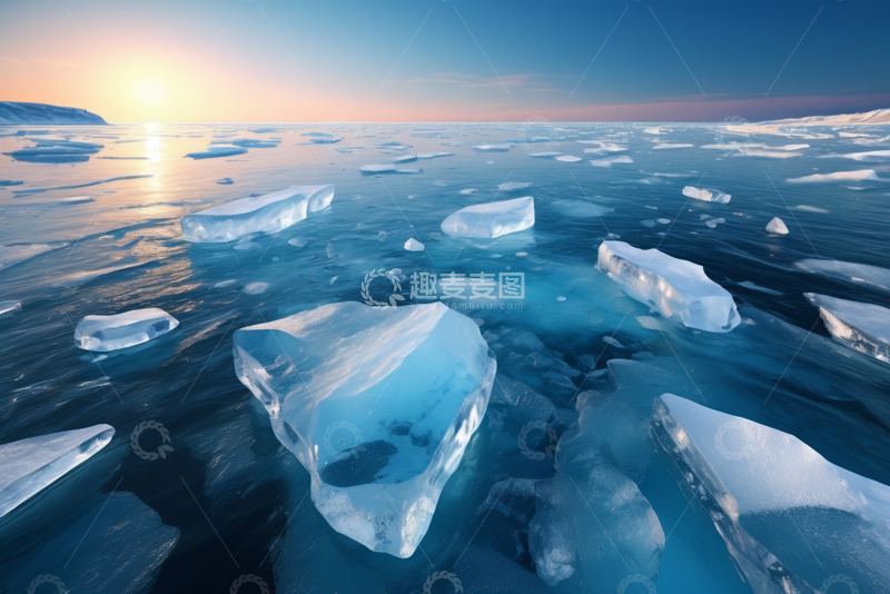 高清大图下载【趣麦麦图】海面上漂浮的冰块与日出景观