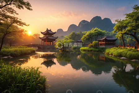 中式园林山水黄昏美景