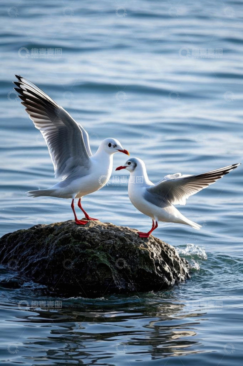 高清大图下载【趣麦麦图】礁石上互动的两只海鸥