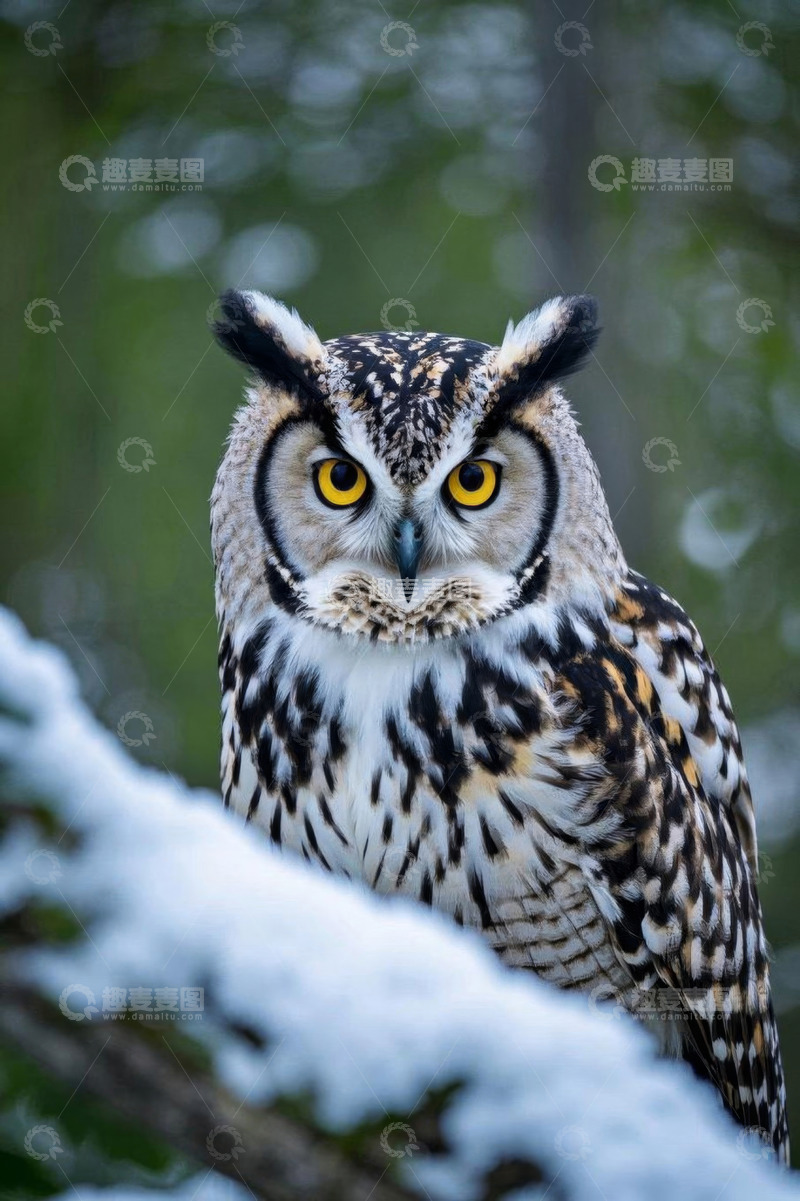 高清大图下载【趣麦麦图】雪地树枝上的猫头鹰特写