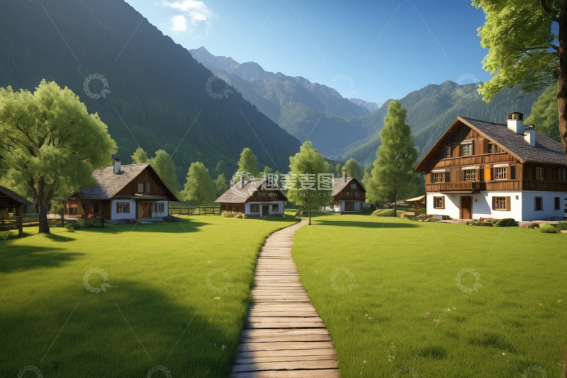 高清大图下载【趣麦麦图】山间草地木屋风景