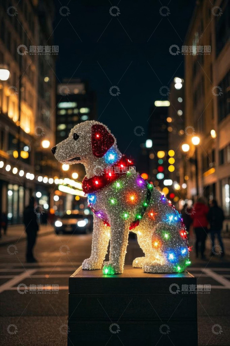 高清大图下载【趣麦麦图】城市街道上的发光狗形装饰