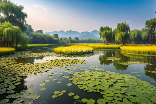 池塘畔柳树与水生植物景观